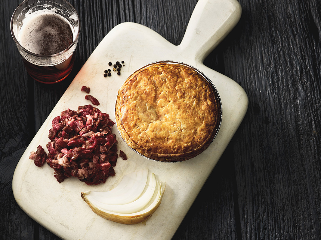overhead shot of beef and beer pie