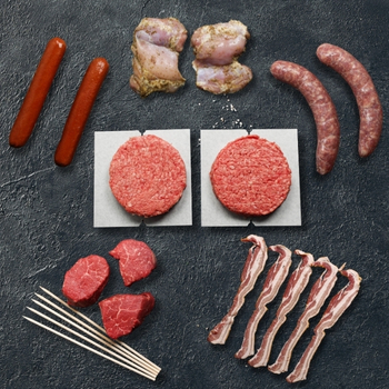 Overhead image of Cottage Box - burgers, sausages, bacon, and more