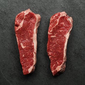 overhead view of a Halal beef new york strip steak