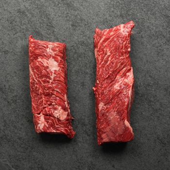 overhead view of two raw hanger steaks