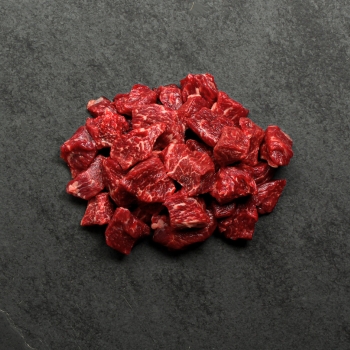 Overhead image of 1 lb of Wagyu Beef Butchers Diced