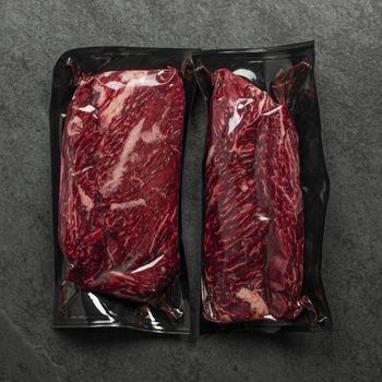 overhead view of two raw Australian wagyu beef hanger steaks