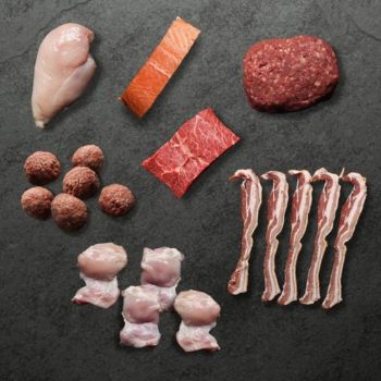 raw chicken breast, ground beef, salmon, flat iron steaks, bacon, chicken thighs and meatballs