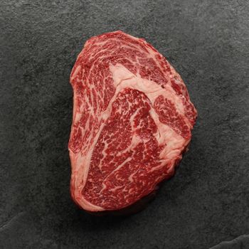 overhead view of a heavily marbled Australian wagyu rib eye steak