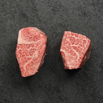 overhead view of two raw japanese wagyu 4 oz filet mignon