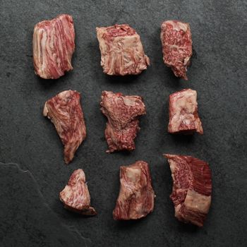 overhead view of a selection of raw wagyu beef tenderloin tips