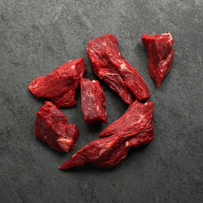 Overhead view of beef tenderloin tips.