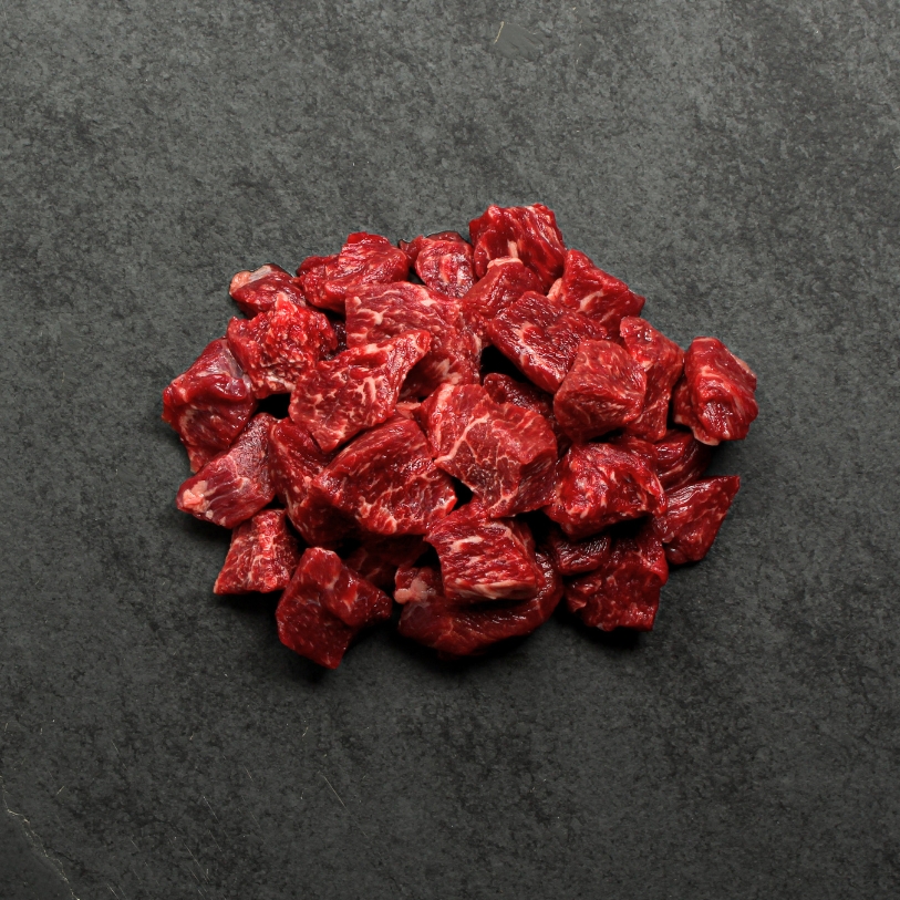 Overhead image of 1 lb of Wagyu Beef Butchers Diced