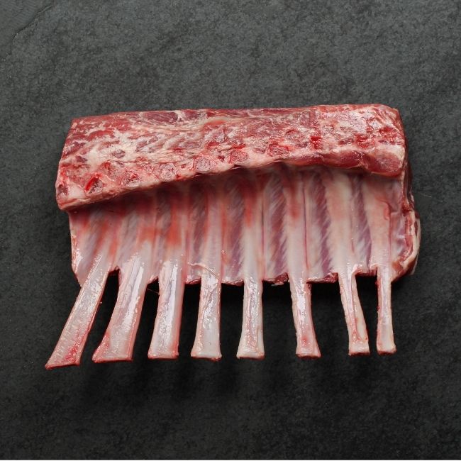 overhead view of an Australian lamb rack with Frenched bones