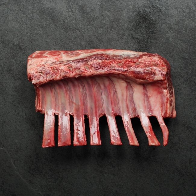 overhead image of the underside of an Australian raw rack of lamb