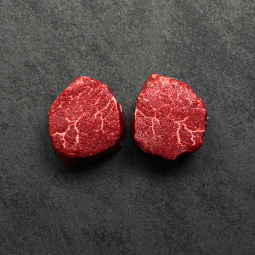 Overhead image of two, 6 oz Australian Wagyu Beef Filet Mignon.
