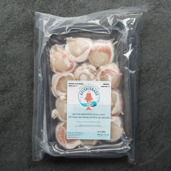 overhead view of vacuum-packed, frozen, raw bacon-wrapped scallops