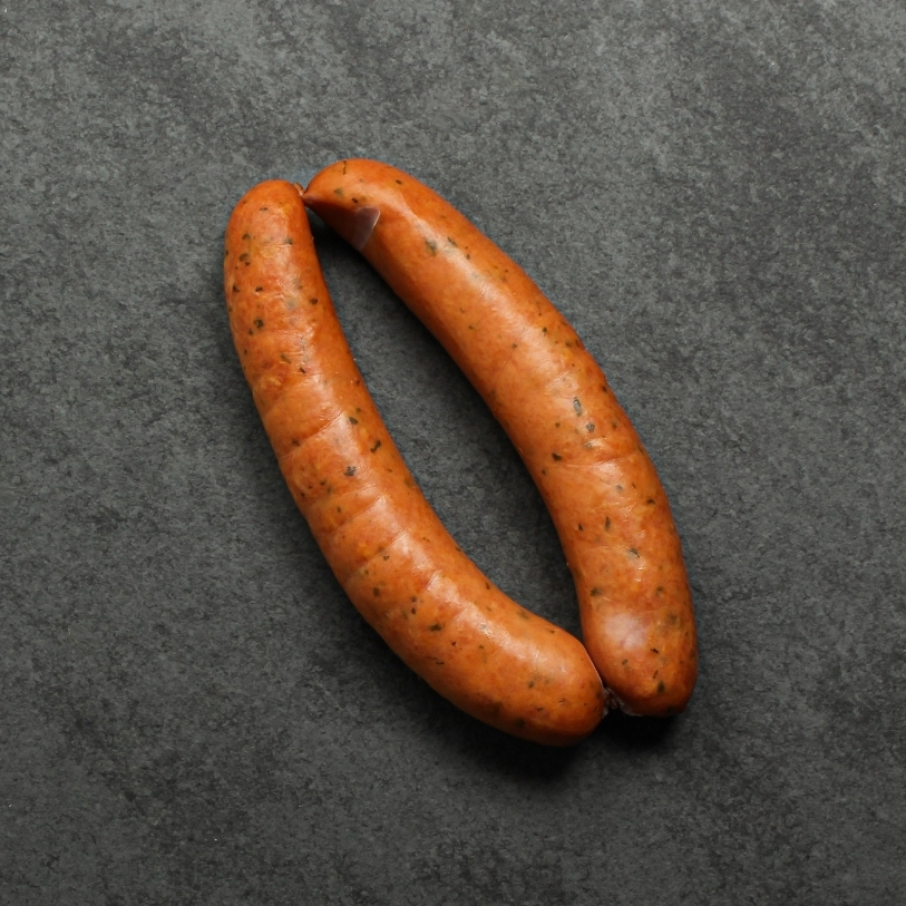 Overhead view of two Chicken & Turkey Sausages, packed with smokey and savoury flavours.