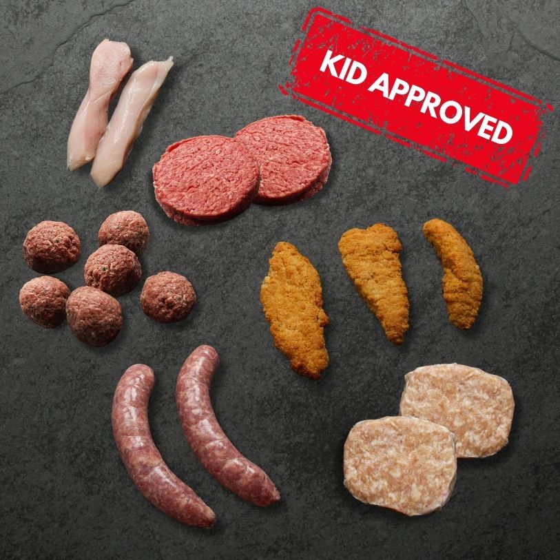 overhead view of meatballs, beef burgers, chicken burgers, chicken fingers, chicken slices, sausages