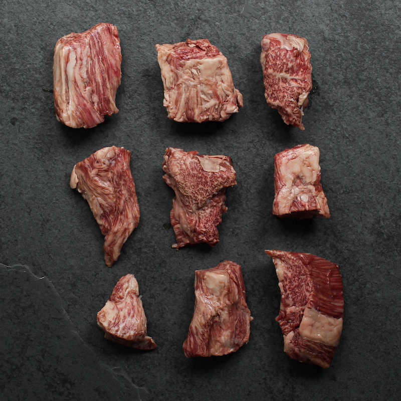 overhead view of a selection of raw wagyu beef tenderloin tips