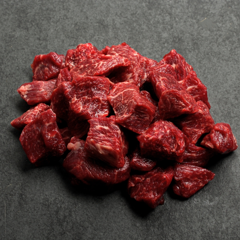Angled image of 1 lb of Wagyu Beef Butchers Diced
