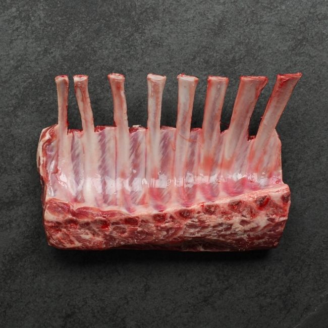 overhead view of an Australian lamb rack with Frenched bones