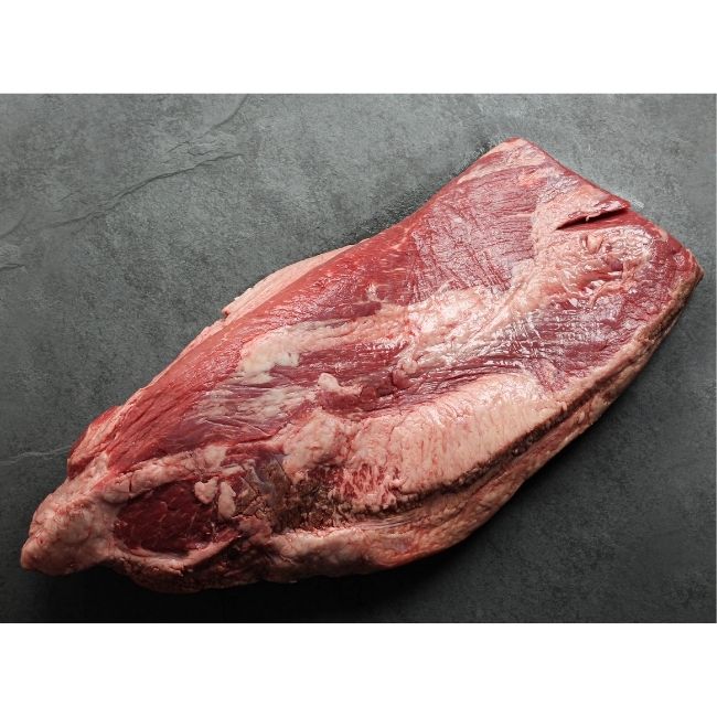 overhead image of the flesh side of a raw beef brisket