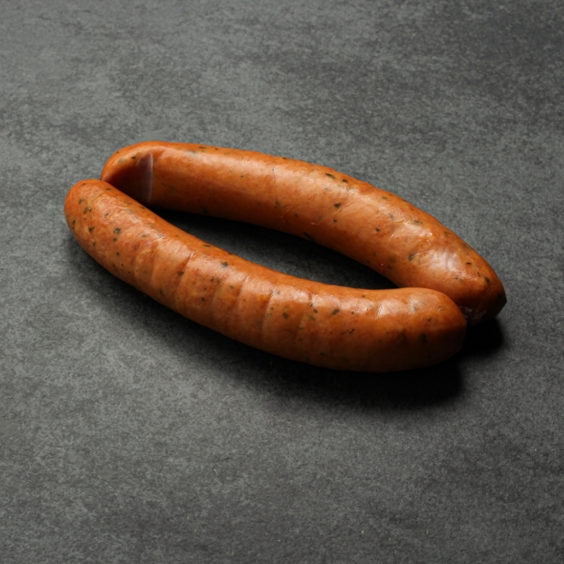 Side angled view of two Chicken & Turkey Sausages, packed with smokey and savoury flavours.