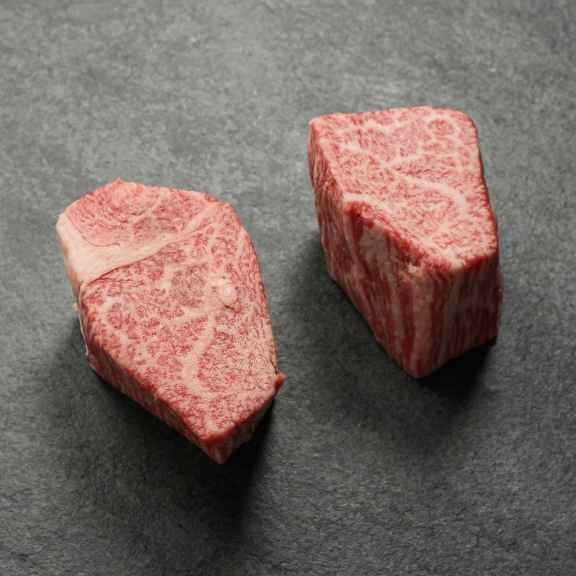 overhead view of two raw japanese wagyu 4 oz filet mignon