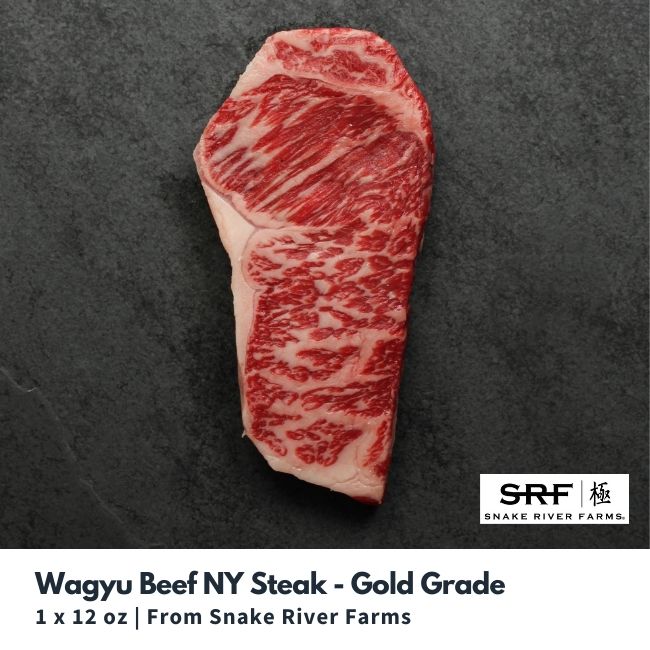 Overhead view of a heavily marbled American wagyu New York steak