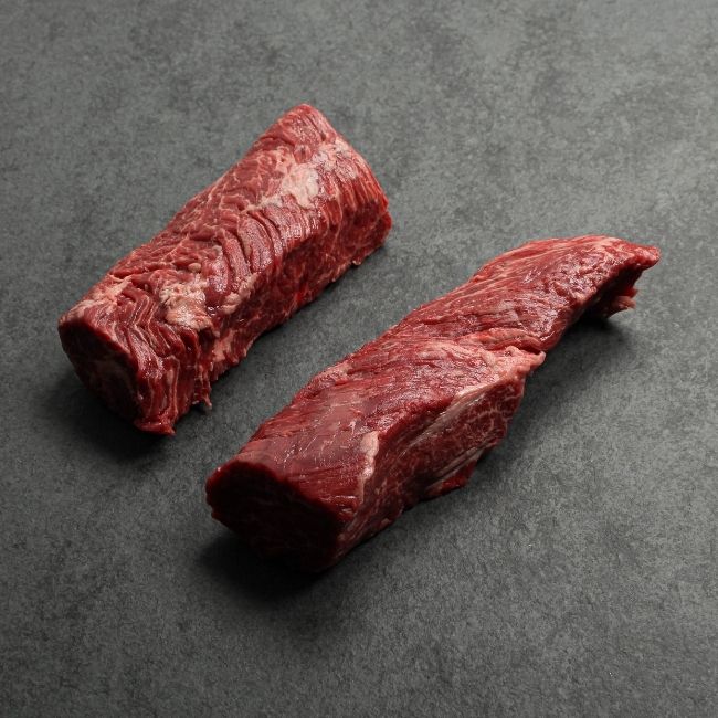angled view of two raw hanger steaks