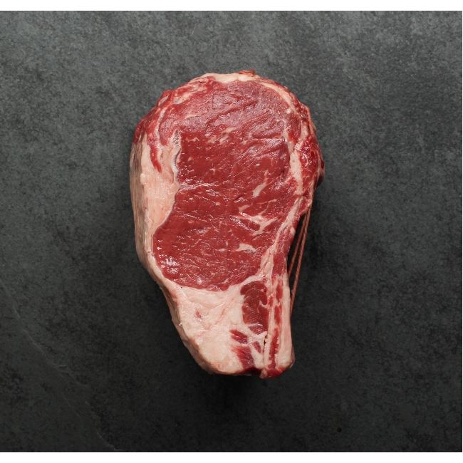 side view of a raw beef capless prime rib roast, with the backbone removed and tied back on