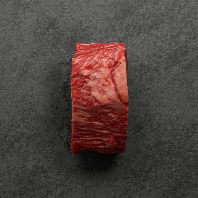 overhead view of the side of a heavily marbled australian wagyu filet mignon