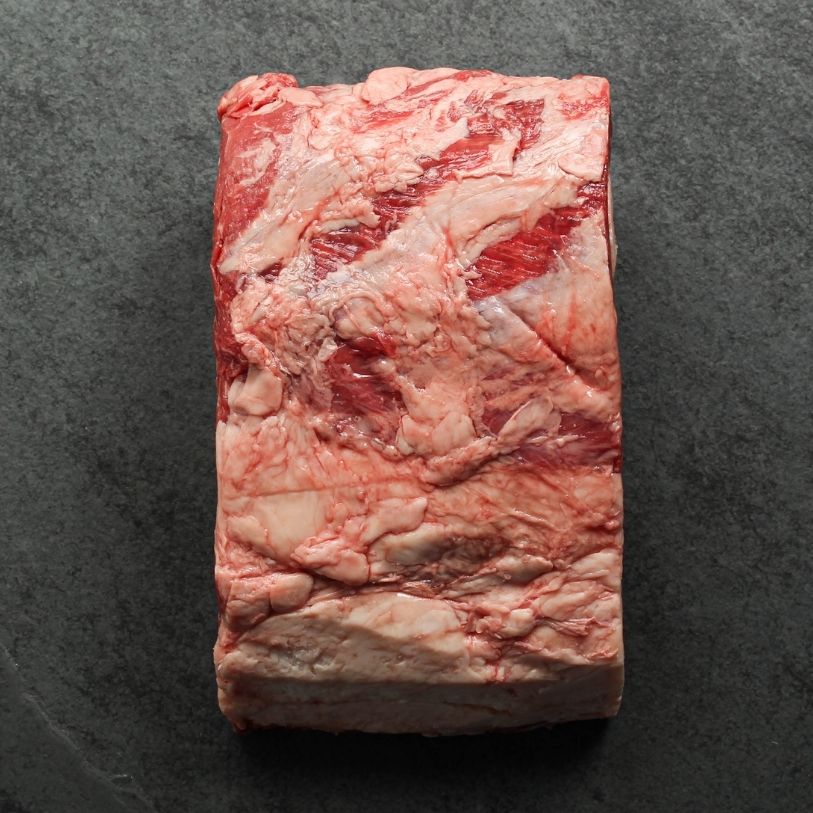 overhead view of a raw boneless ribeye roast