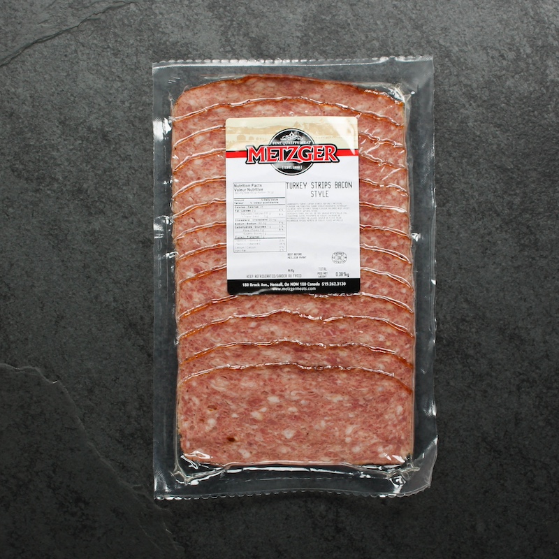 overhead view of a 1 lb package of raw turkey bacon