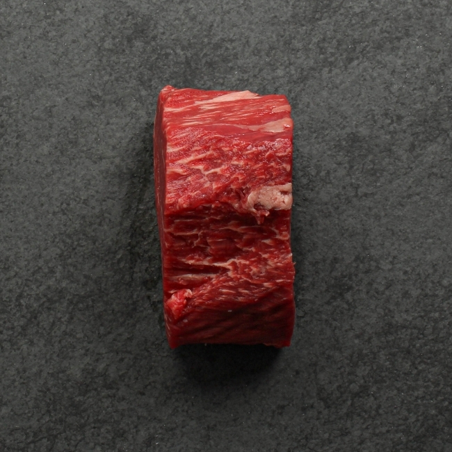 overhead view of the side of a heavily marbled australian wagyu filet mignon