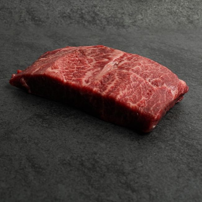 Side view of a raw flat iron steak.