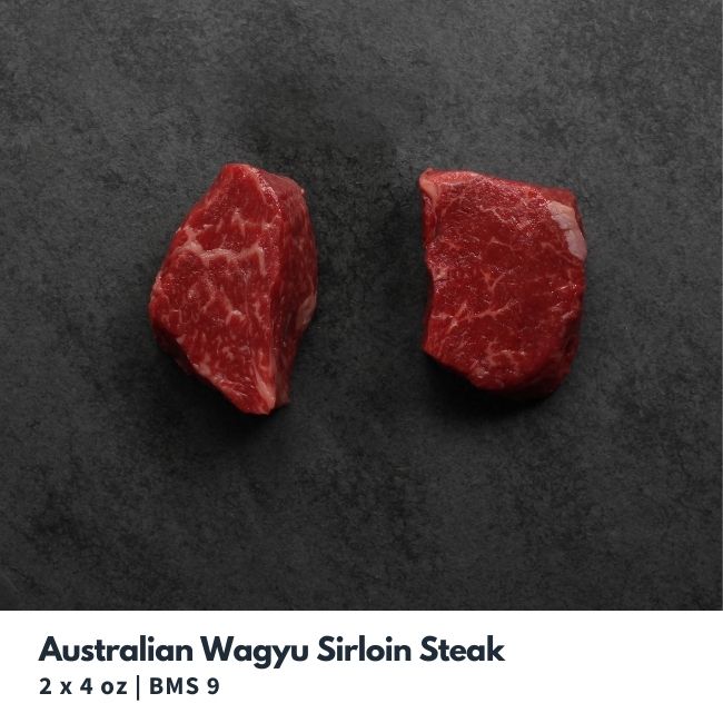 Overhead View of two well-marbled Australian wagyu sirloin steaks