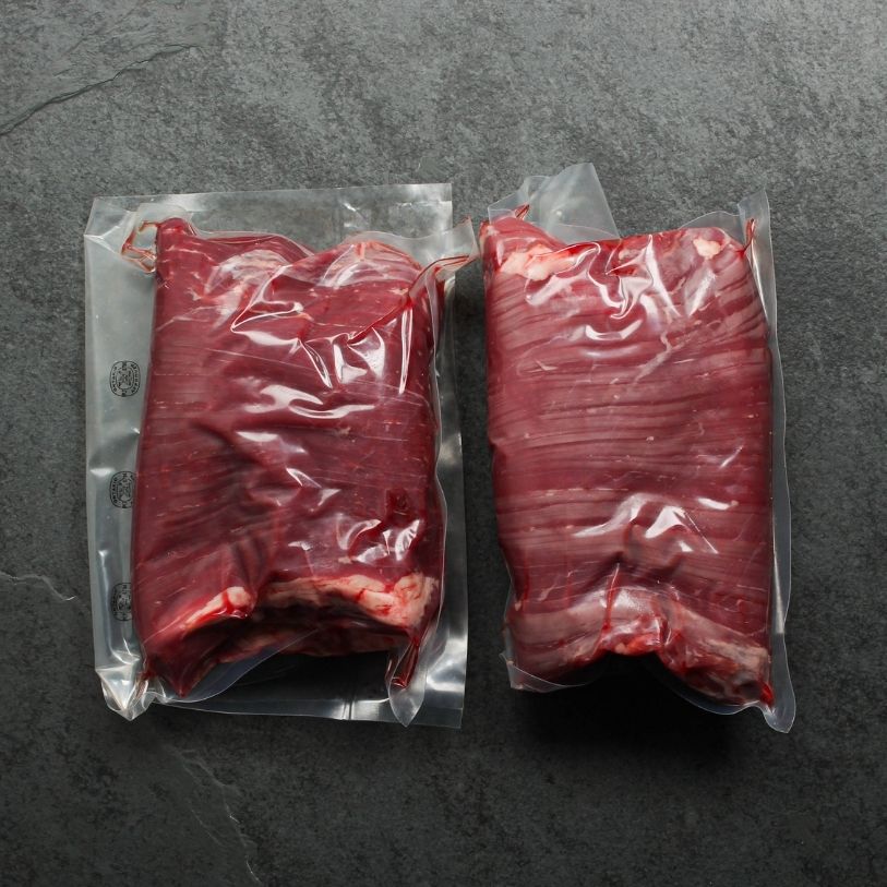 overhead view of two raw pieces of flank steak vacuum packaged