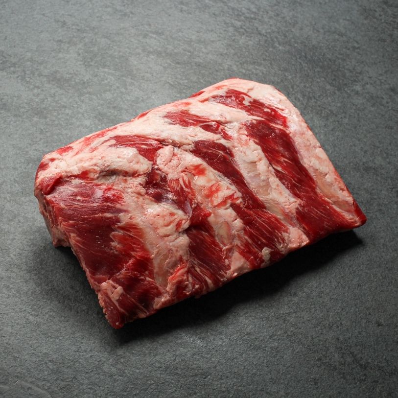 overhead view of a halved rack of raw beef back ribs