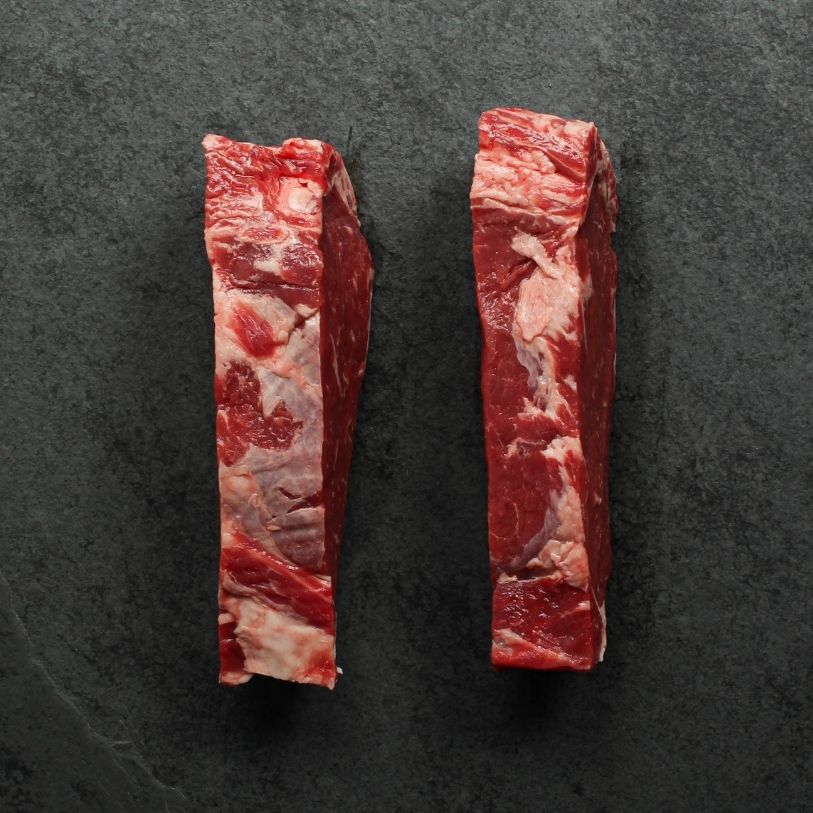 overhead view of the side of two raw new york steaks