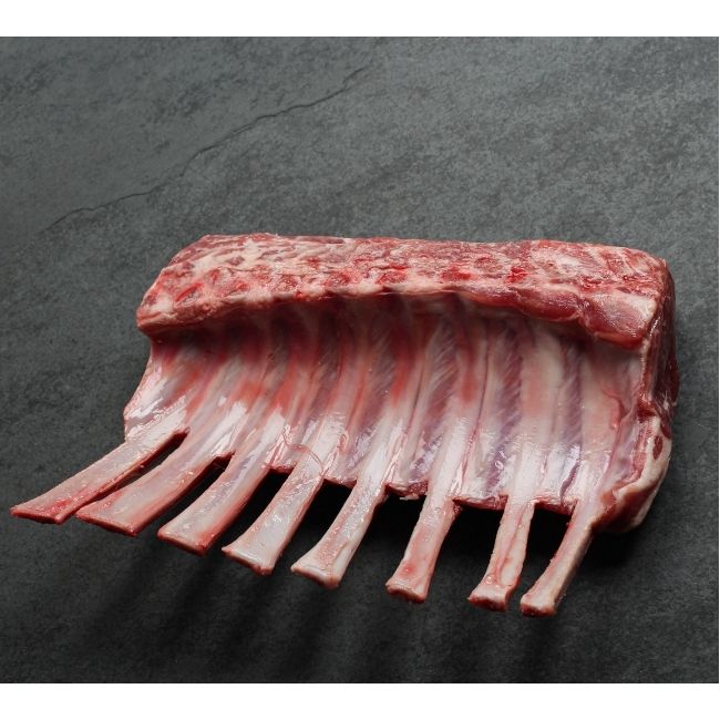 angled view of an Australian lamb rack with Frenched bones