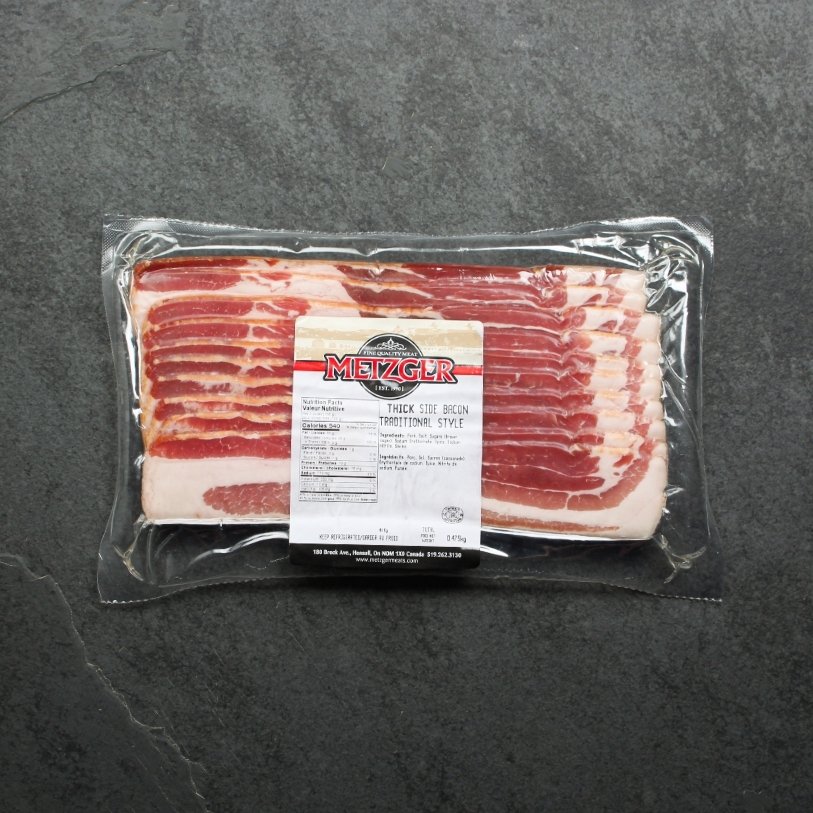 overhead view of raw, sliced bacon from Metzger's Meats  in vacuum package