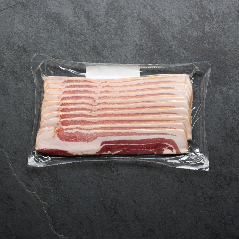 overhead view of raw, sliced bacon from Metzger's Meats  in vacuum package