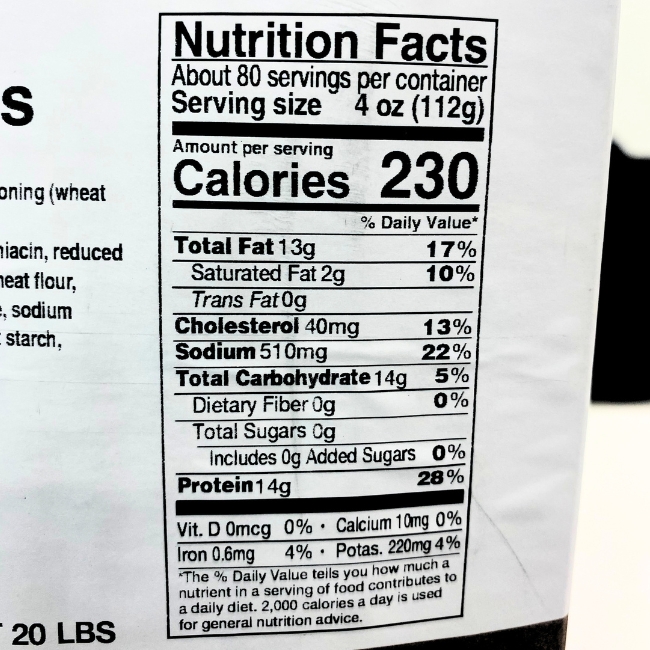 nutrition facts for chicken fritters